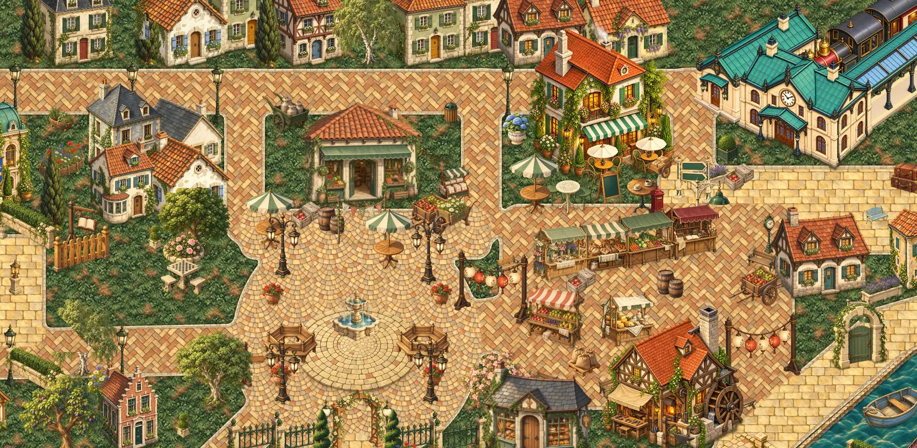 Lindenhafen’s town square as it looks in the game: Marta’s café, the market stalls, the fountain and the station